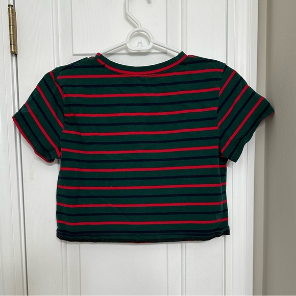 Women’s Striped Crop Top T-Shirt Medium Green Red Stretch Short Sleeve Hipster - Picture 4 of 4